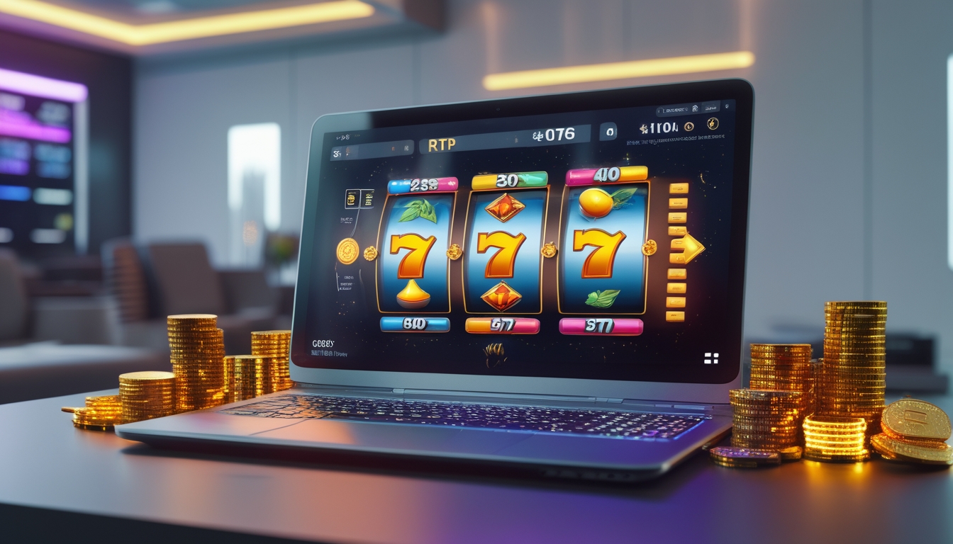 Sebuah komputer modern menampilkan permainan slot online dengan simbol warna-warni dan tumpukan koin emas di sekitarnya, menggambarkan peluang menang besar pada tahun 2026.