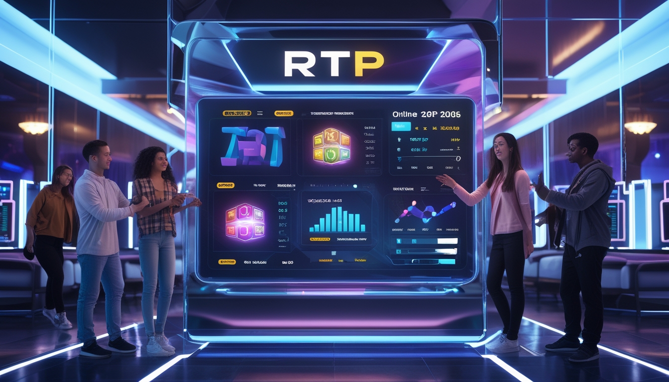 Sekelompok orang muda menggunakan layar sentuh besar dengan grafik permainan slot warna-warni dalam suasana lounge game modern.