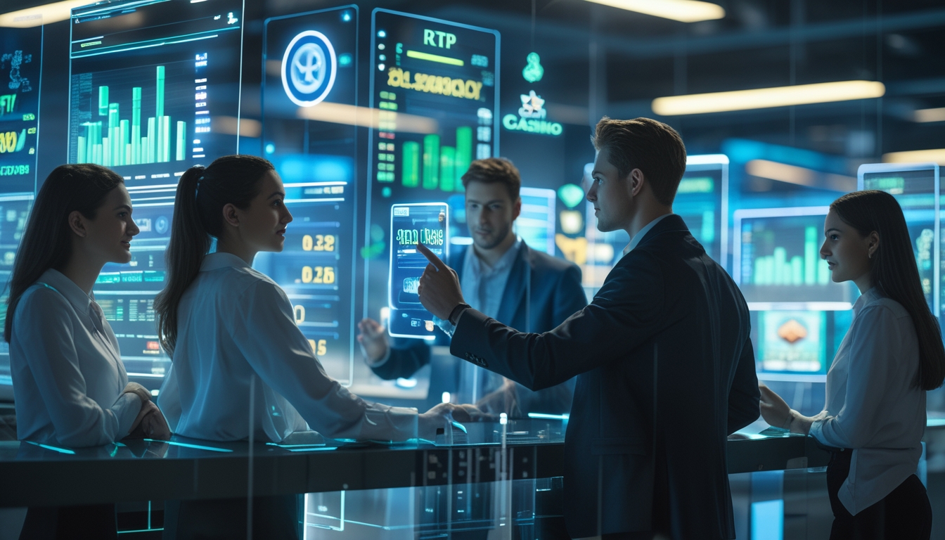 Sekelompok profesional muda sedang menganalisis data RTP pada layar sentuh di lingkungan kantor futuristik dengan elemen permainan kasino digital di latar belakang.
