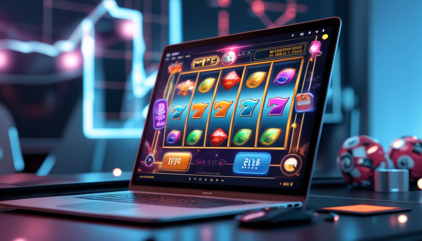 Seorang pengguna komputer dengan layar menampilkan permainan slot online berwarna-warni dan suasana kasino digital yang modern.