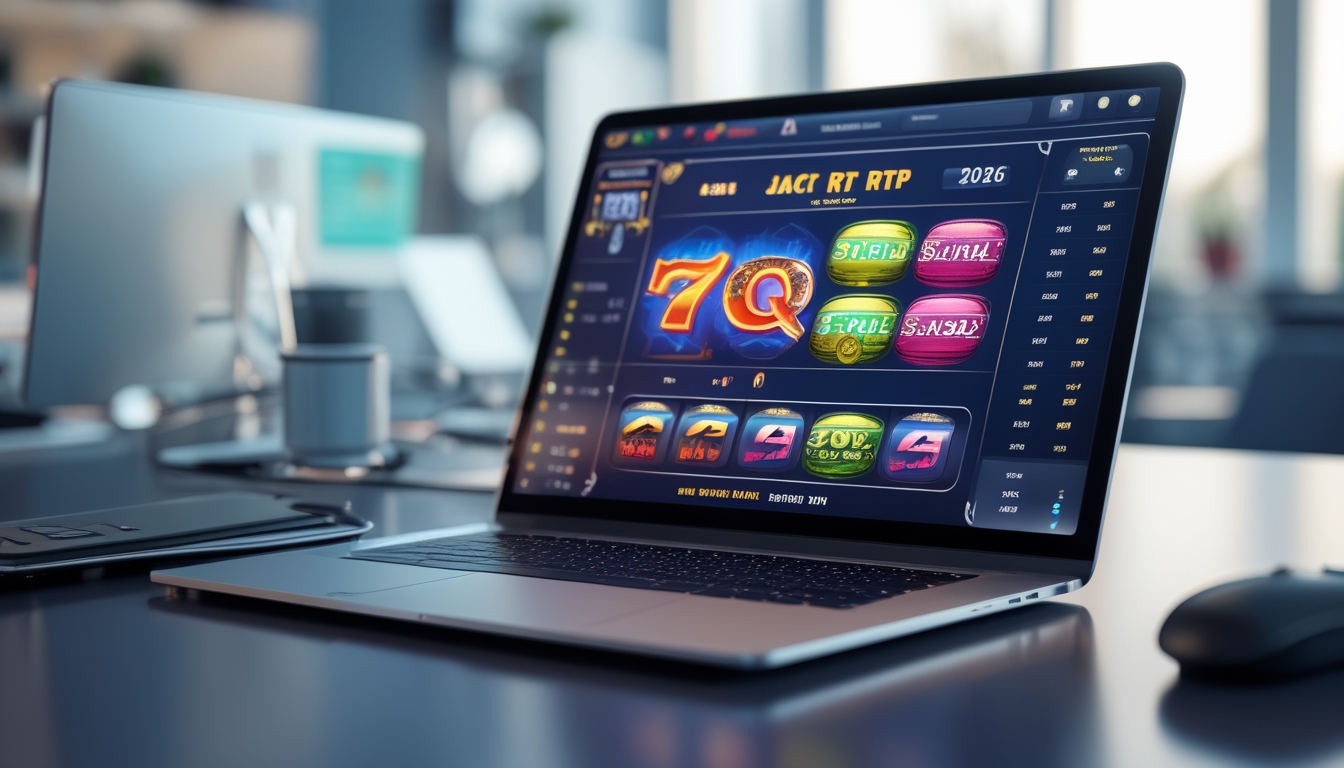 Seorang pengguna komputer yang sedang bermain mesin slot online dengan grafik permainan warna-warni dan simbol jackpot di layar.
