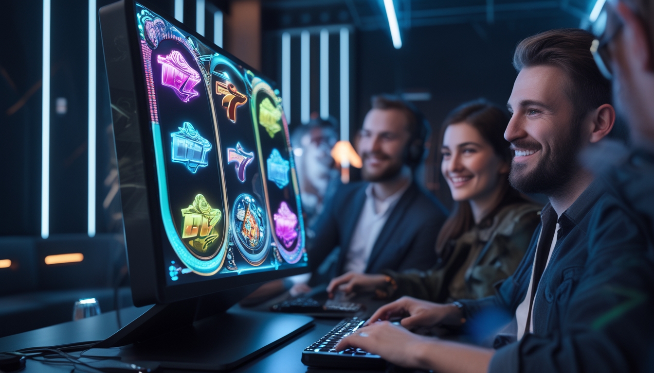 Suasana ruang modern dengan layar komputer menampilkan permainan slot online dan beberapa orang menikmati permainan tersebut.