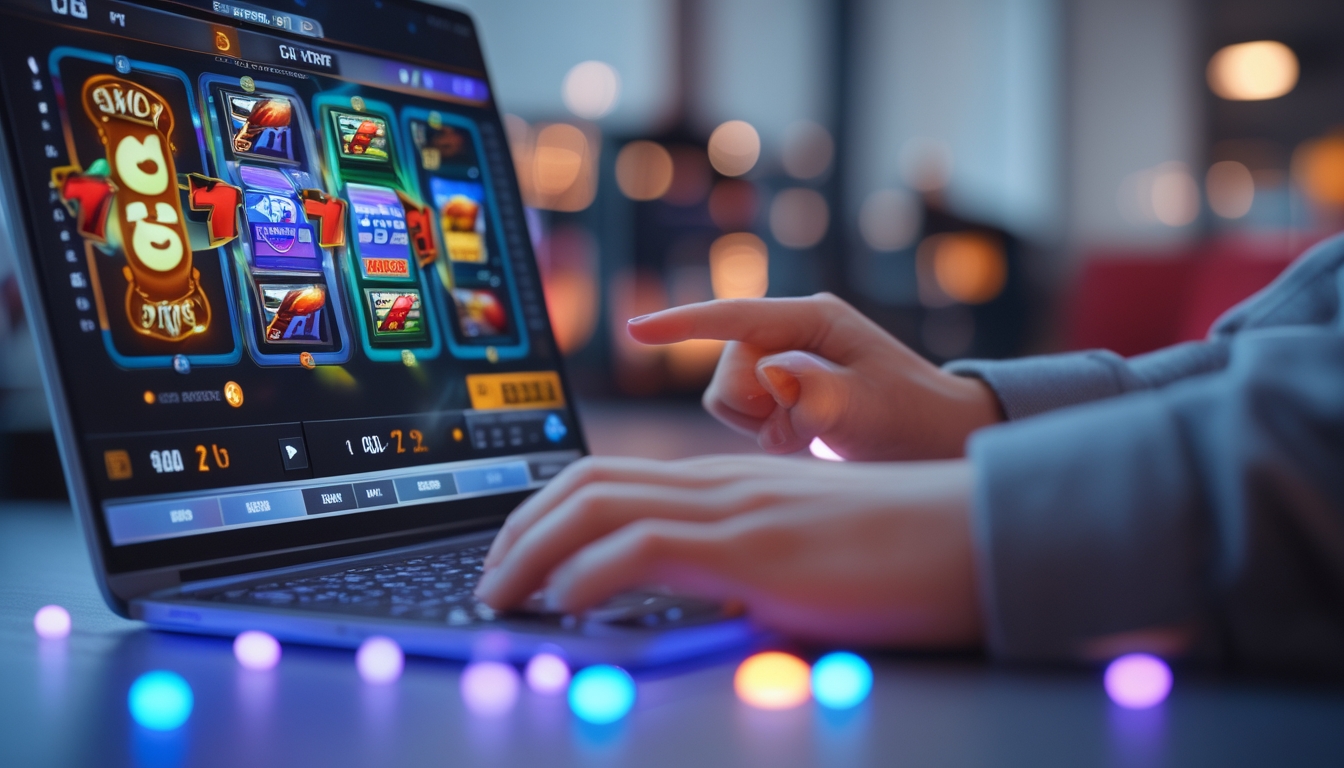 Orang menggunakan laptop dengan tampilan permainan slot online yang berwarna-warni di layar.
