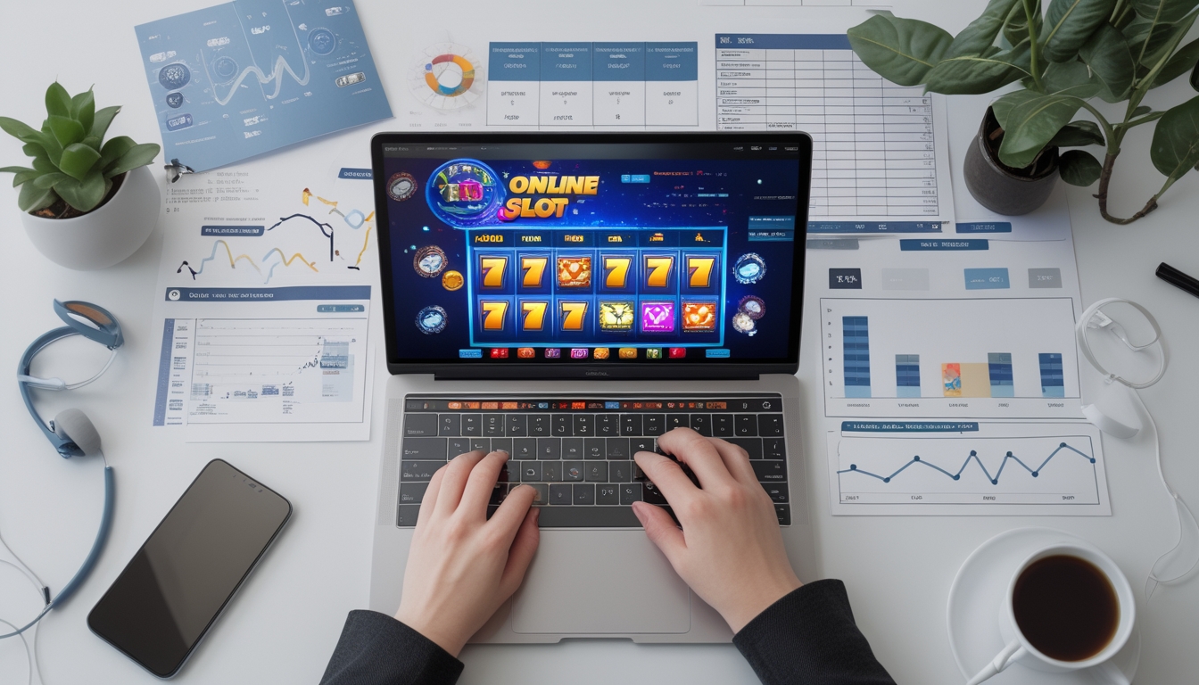 Seorang pria duduk di depan laptop dengan permainan slot online terbuka, dikelilingi oleh grafik dan catatan strategi menang.