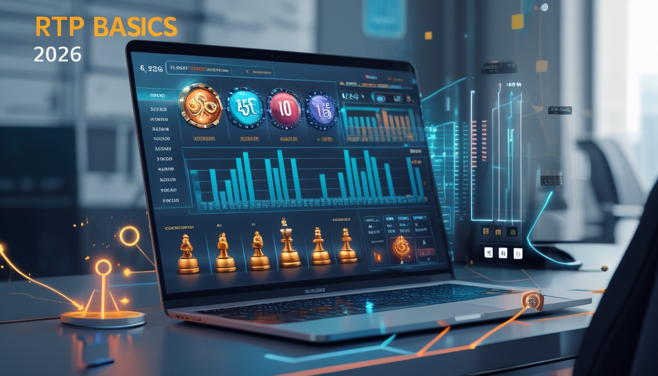 Seorang profesional menggunakan laptop dengan grafik dan ikon strategi yang menampilkan pola RTP dan permainan slot online.