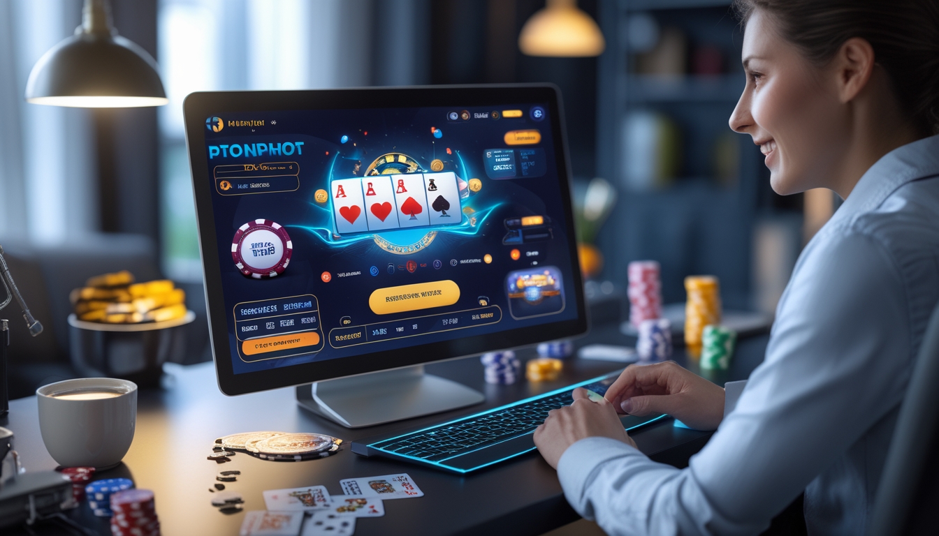 Seorang pemain poker online yang tersenyum fokus pada layar komputer dengan chip poker dan kartu di meja yang rapi.