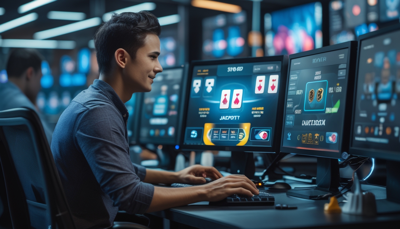 Seorang pria duduk di depan komputer dengan tampilan permainan poker online dan simbol keamanan di latar belakang.