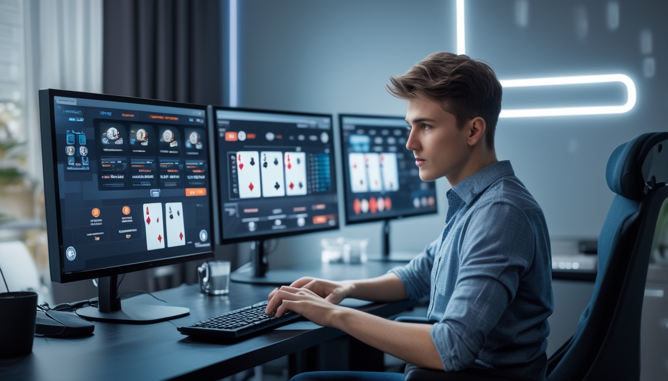 Seorang pemula bermain poker online di ruang kerja modern dengan beberapa monitor dan suasana fokus.