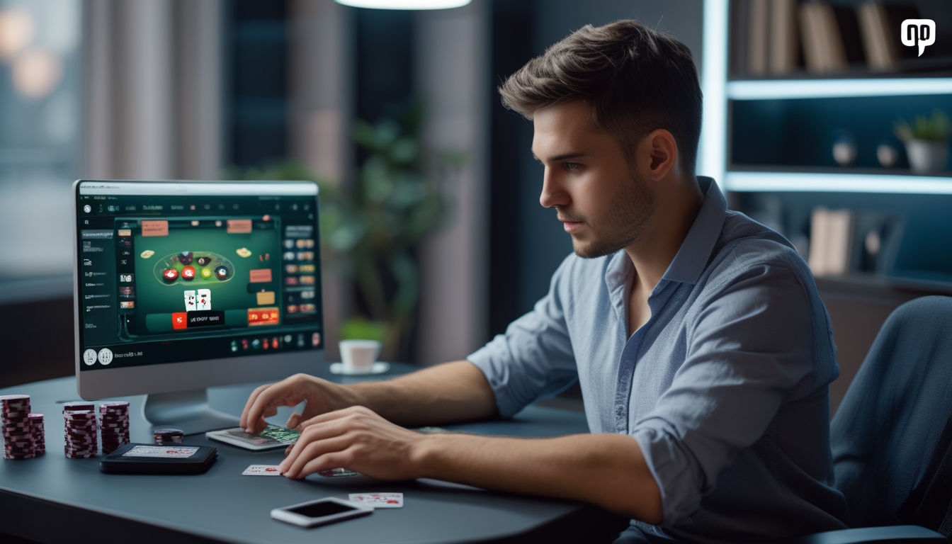 Seorang pria muda duduk di depan laptop dengan kartu dan chip poker di meja, fokus bermain poker online di ruangan yang nyaman.