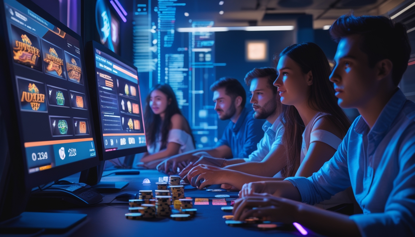 Beberapa orang muda bermain poker online di sebuah ruangan dengan pencahayaan biru dan ungu, fokus pada layar komputer yang menampilkan permainan kartu.