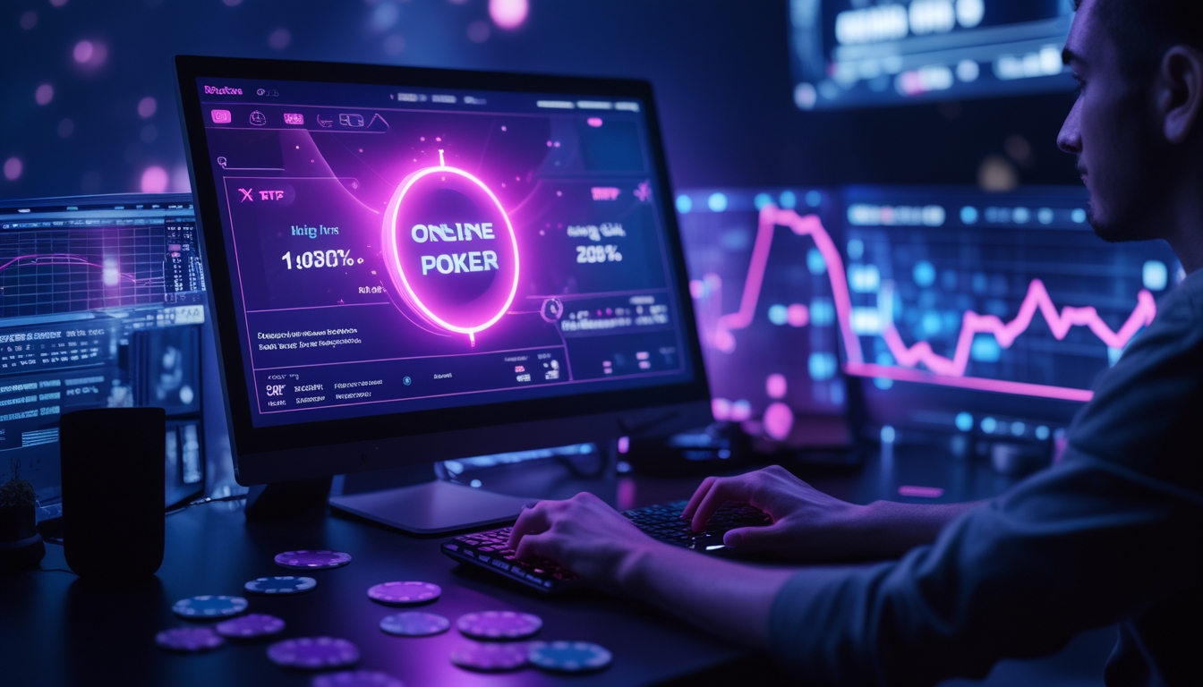 Seorang pemain poker online sedang bermain di depan komputer dengan chip dan kartu poker di meja, suasana malam dengan pencahayaan biru dan ungu.