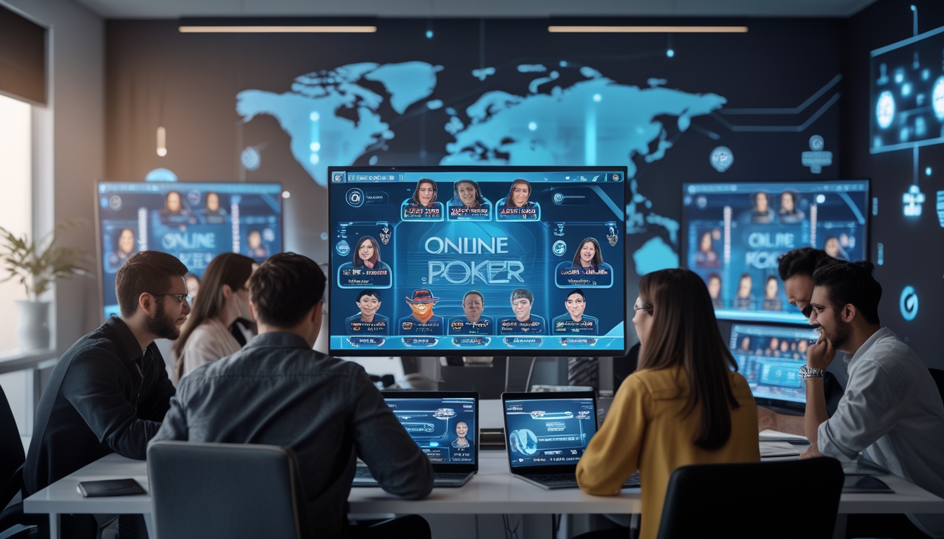 Orang-orang sedang bermain poker online di ruang kerja modern dengan beberapa monitor dan perangkat digital.