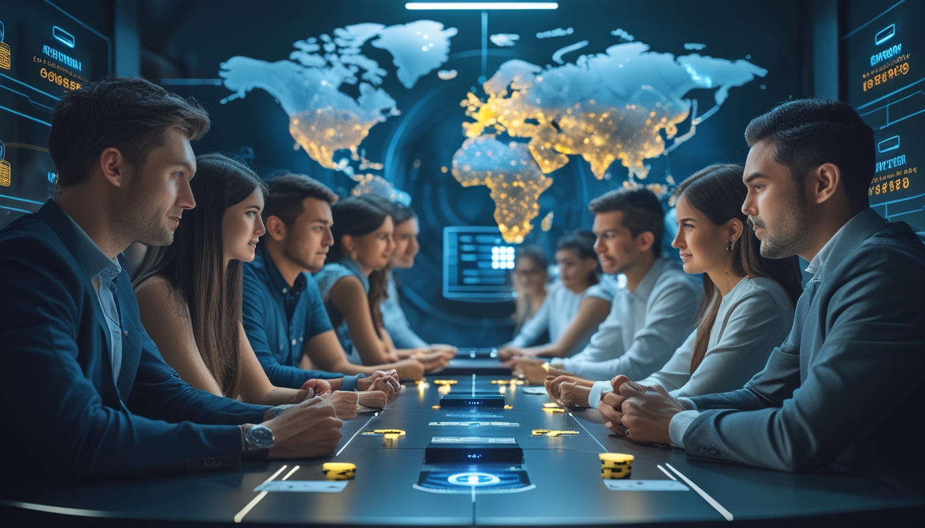 Sekelompok orang muda bermain poker online dengan layar holografik dan latar belakang teknologi modern yang menunjukkan koneksi server global.