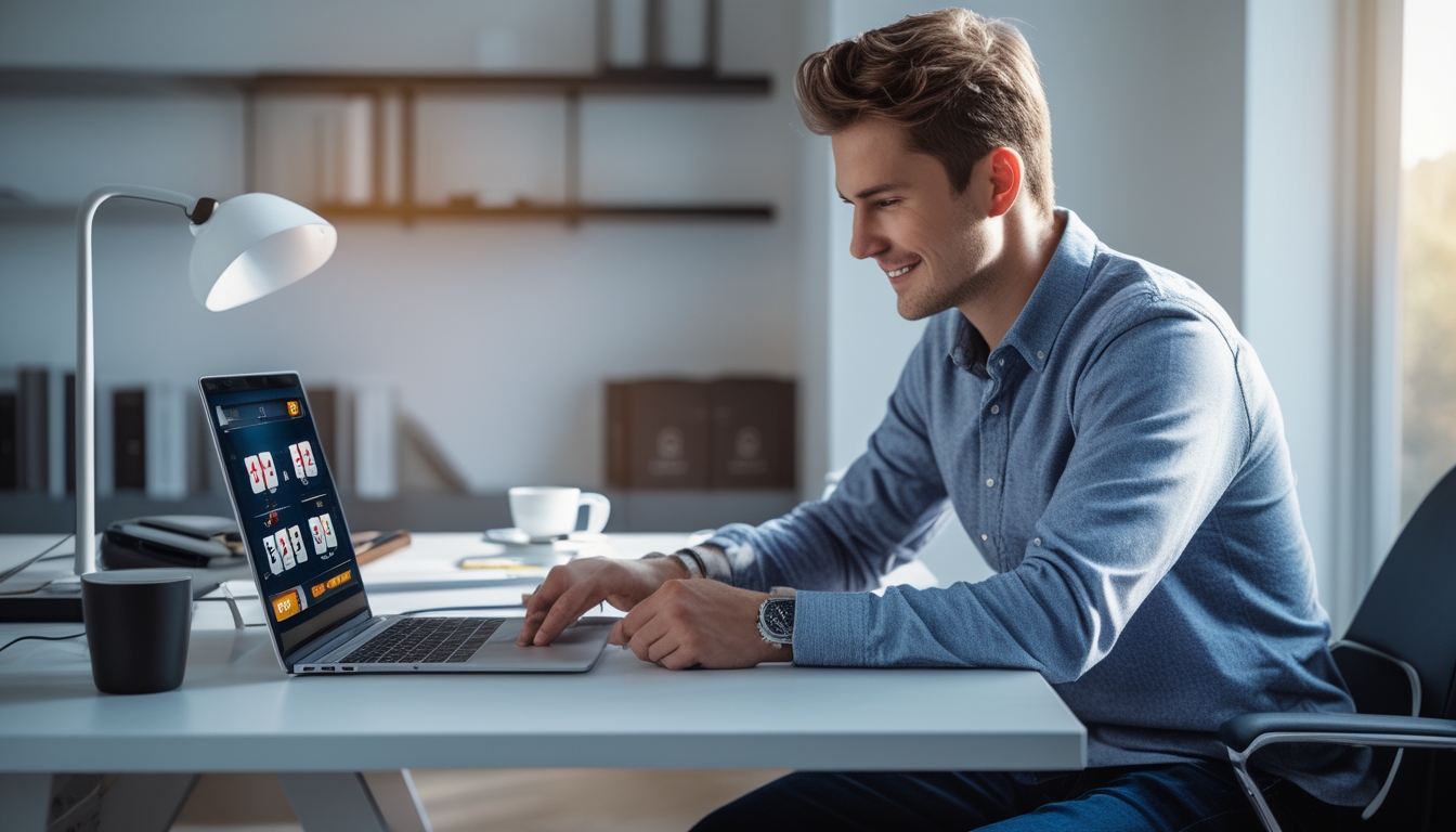 Seorang dewasa muda duduk di meja modern dengan laptop yang menampilkan permainan poker online, terlihat fokus dan percaya diri di ruang kerja rumah yang rapi.