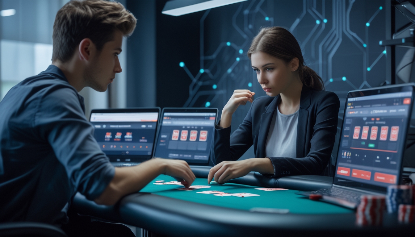 Dua orang bermain poker online di meja dengan kartu, chip, dan perangkat digital di ruangan yang terang dan modern.