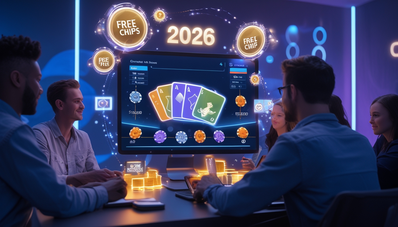 Orang-orang sedang bermain poker online di ruang dengan pencahayaan biru dan ungu, menggunakan komputer dan ponsel.