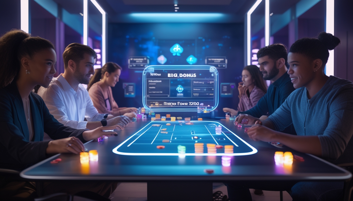Beberapa pemain sedang bermain poker online di meja digital futuristik dengan chip dan kartu yang menyala di layar sentuh.
