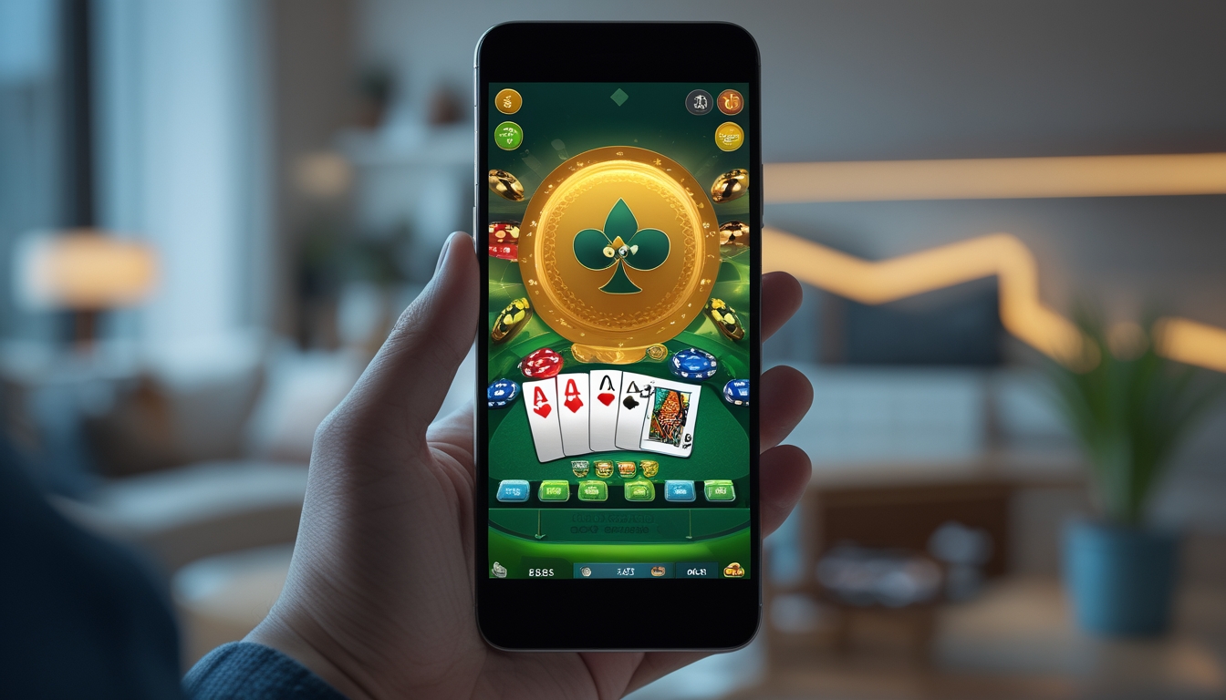 Seseorang memegang ponsel dengan tampilan permainan poker online yang cerah dan menarik.
