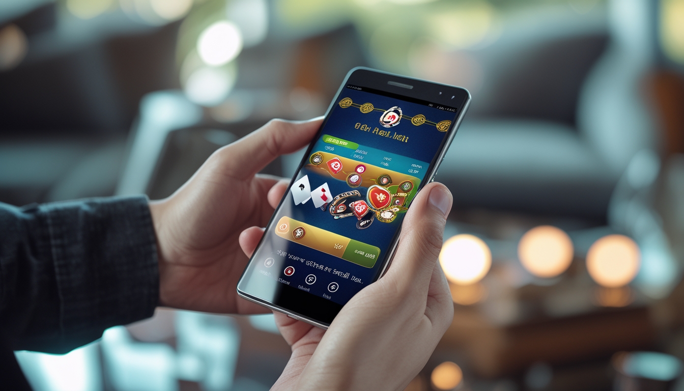 Seseorang memegang ponsel Android yang menampilkan permainan poker online dengan kartu dan chip poker di layar.