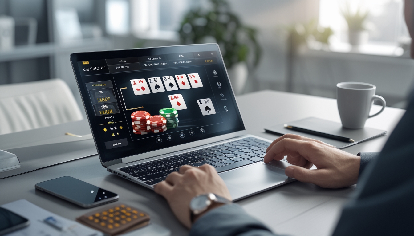Seorang pengguna duduk di depan laptop dengan permainan poker online di layar, di meja terdapat kopi dan alat tulis, di ruang kantor yang rapi dan terang.