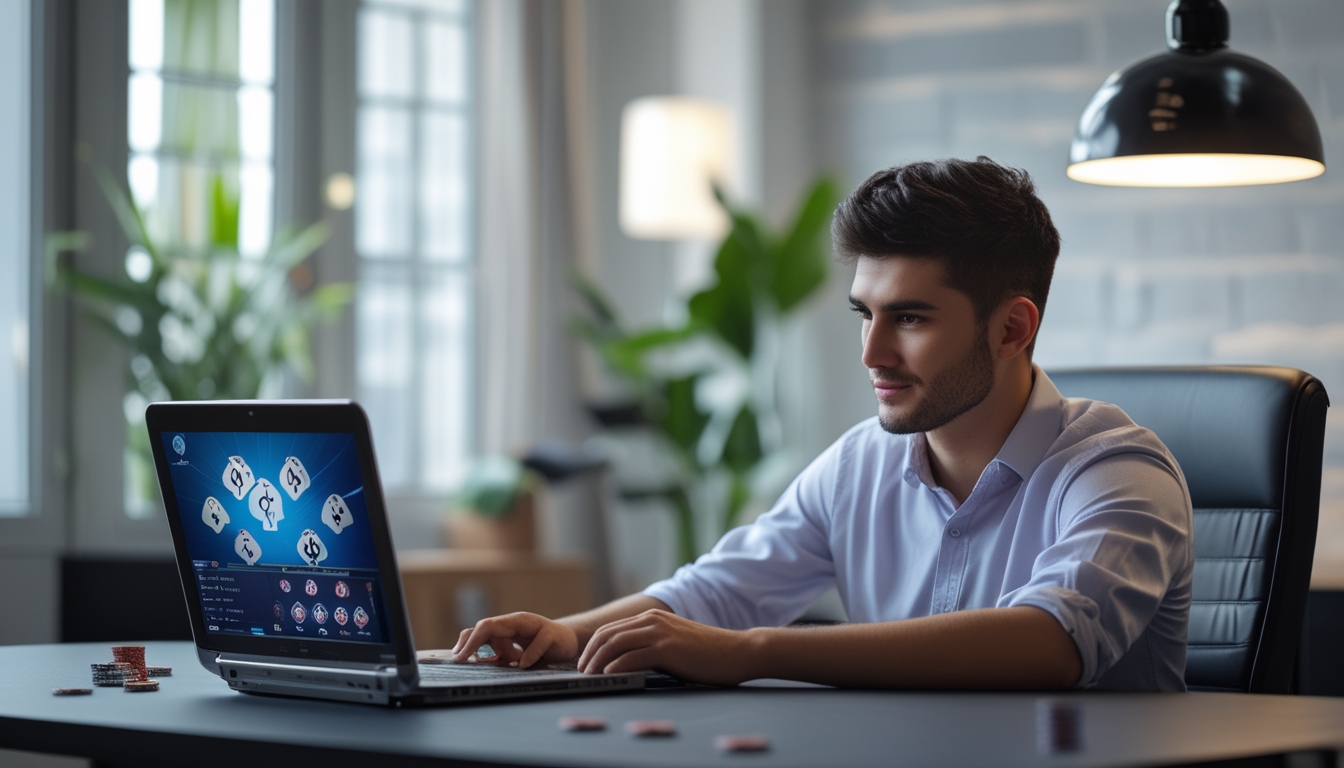 Seorang pria muda duduk di depan laptop di ruang kerja modern dengan suasana terang dan rapi, fokus pada permainan poker online.