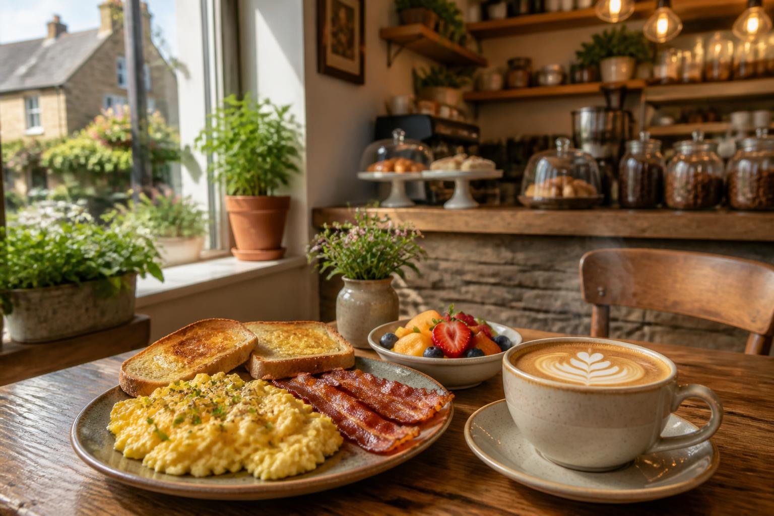 A cozy café table with a hearty breakfast spread including eggs, bacon, toast, fruit, and a cup of coffee by a window with morning light.