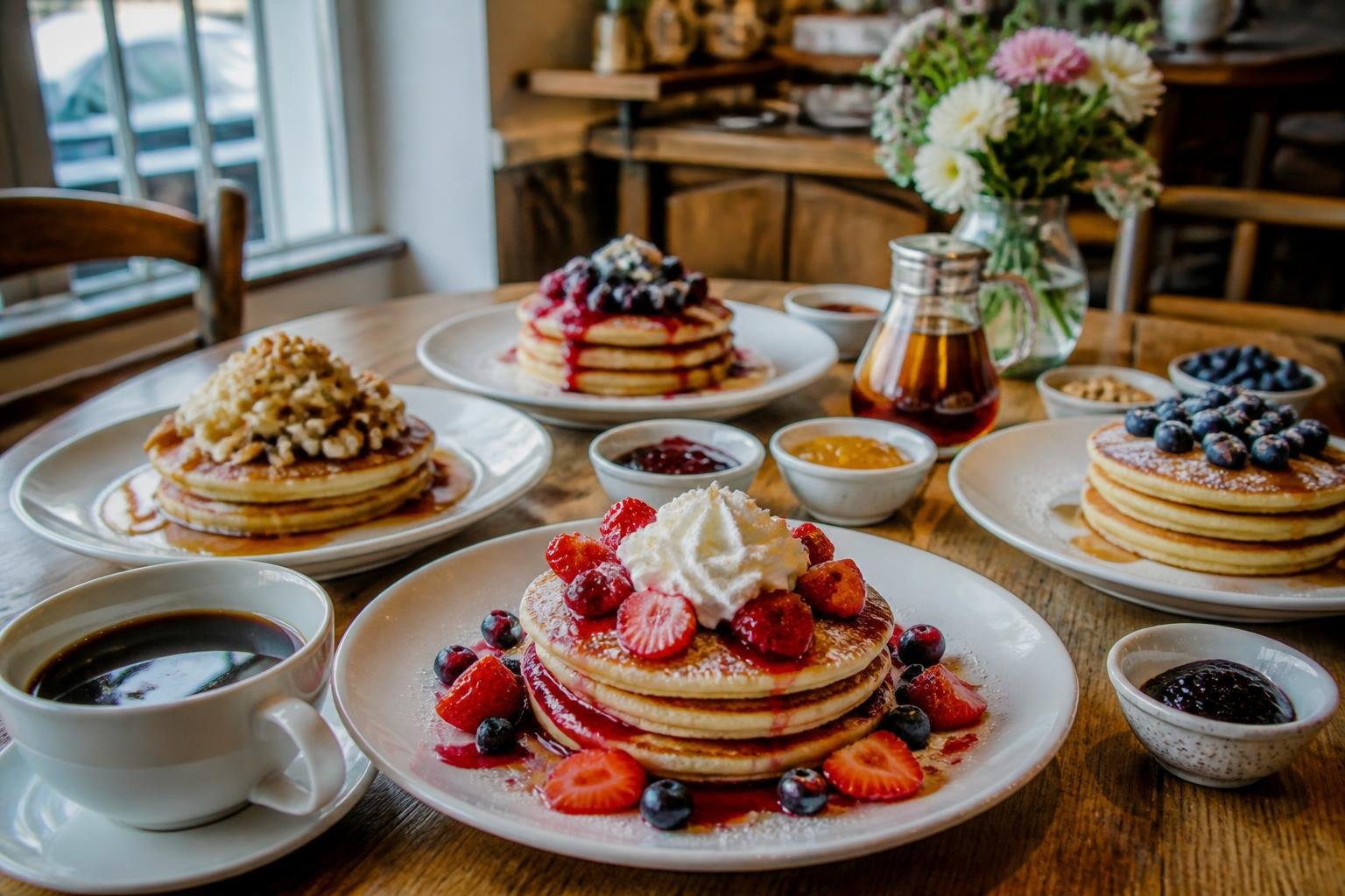 A breakfast table with plates of sweet pancakes topped with berries, syrup, and cream, set in a cozy café with natural light.