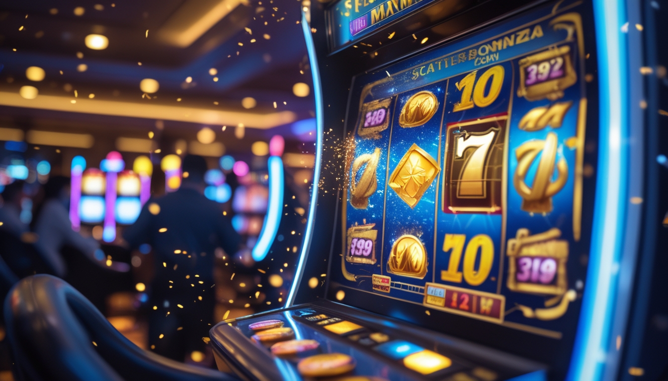 Mesin slot modern dengan simbol hitam dan koin emas yang berputar di dalam kasino yang ramai dan penuh cahaya.