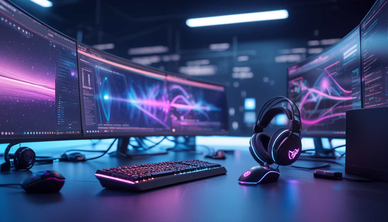 Sebuah meja kerja modern dengan beberapa monitor melengkung menampilkan grafik dinamis dan perangkat gaming canggih di bawah pencahayaan biru dan ungu.