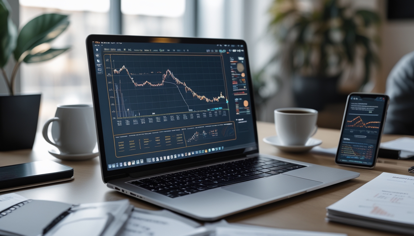 Meja kerja modern dengan laptop yang menampilkan grafik dan catatan, menunjukkan suasana perencanaan strategi yang fokus.