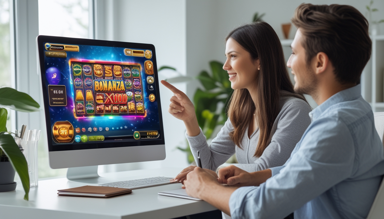 Dua orang muda duduk bersama di depan laptop mempelajari permainan slot online Bonanza x1000 di ruang kerja yang terang dan rapi.