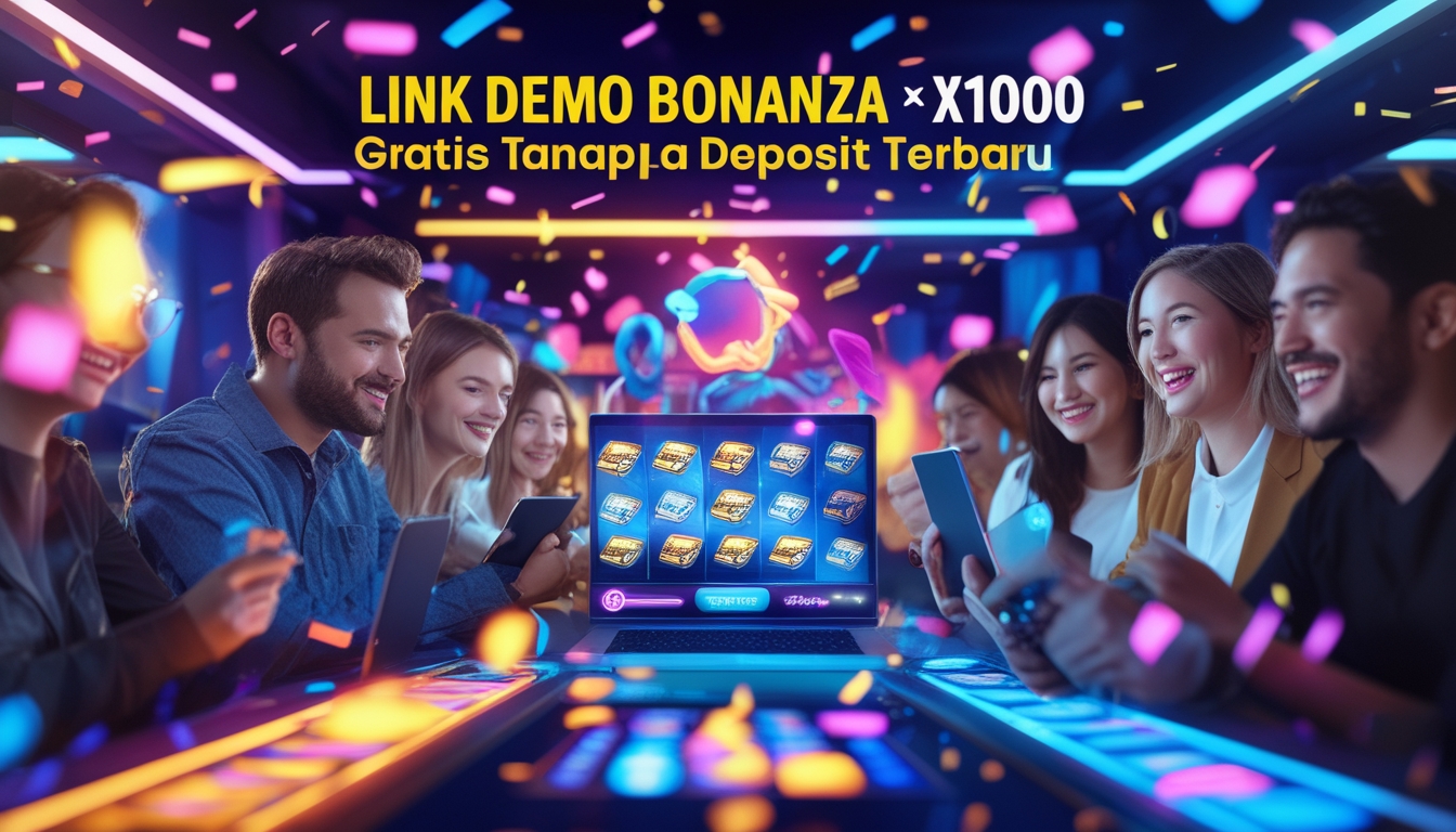 Sekelompok orang sedang bermain permainan slot online dengan antusias di perangkat digital, dikelilingi oleh lampu warna-warni dan suasana meriah.