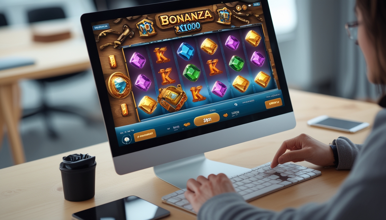 Layar komputer menampilkan permainan slot online dengan simbol warna-warni dan tangan pengguna sedang mengoperasikan permainan di meja kerja yang rapi.