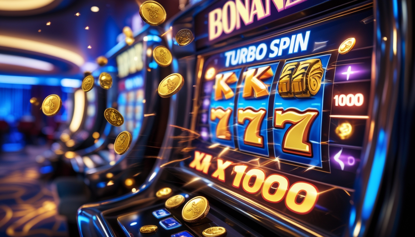 Mesin slot modern dengan koin emas dan permata berkilau yang berputar cepat di dalam kasino yang elegan.