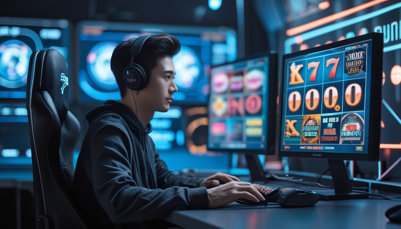 Seorang pria muda duduk di depan beberapa monitor komputer yang menampilkan grafik permainan slot, terlihat fokus dan serius dalam suasana gaming modern.