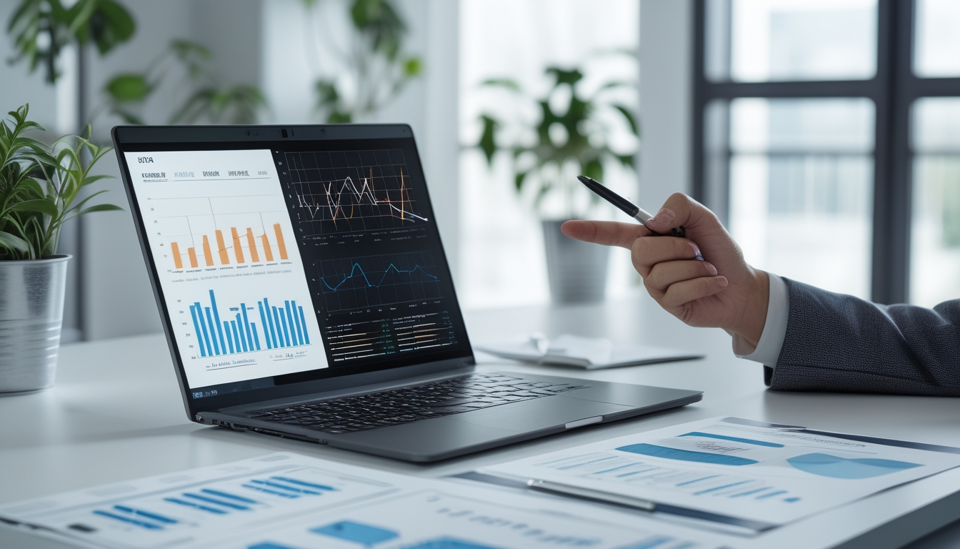 Seseorang sedang menganalisis data dan grafik di laptop di ruang kerja modern dengan dokumen di atas meja.