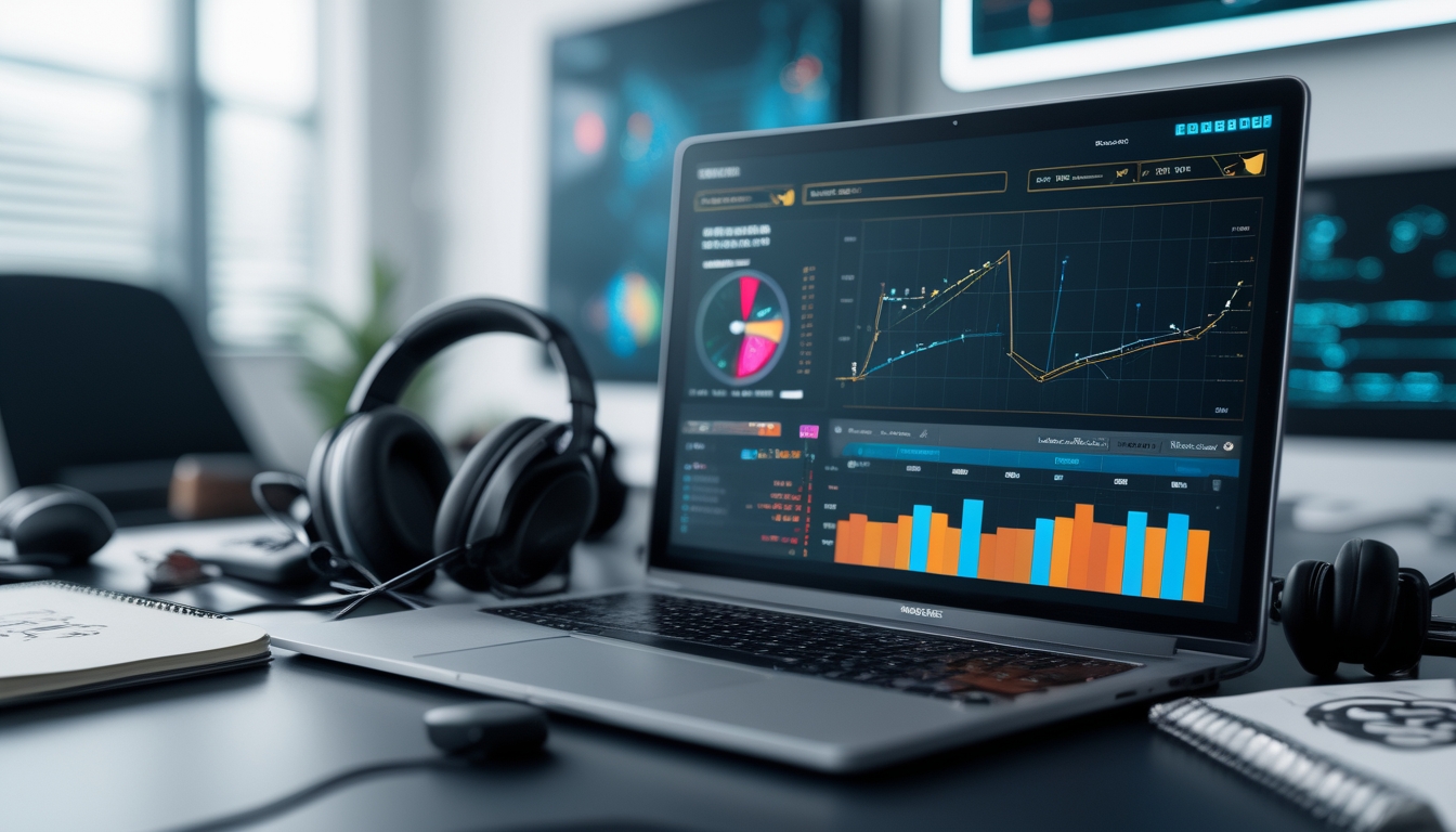 Meja kerja modern dengan laptop yang menampilkan grafik data permainan dan pola kemenangan, dikelilingi oleh alat permainan seperti pengendali game dan headphone.