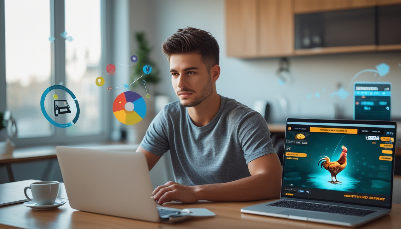 Seorang pria muda duduk di depan laptop di ruang kerja modern, fokus bermain permainan sabung ayam online dengan latar belakang elemen digital dan suasana belajar.