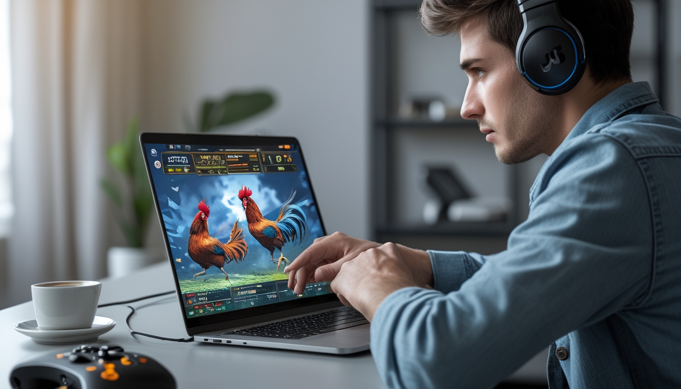 Seorang pria muda fokus bermain permainan sabung ayam online di depan laptop di sebuah ruangan modern.
