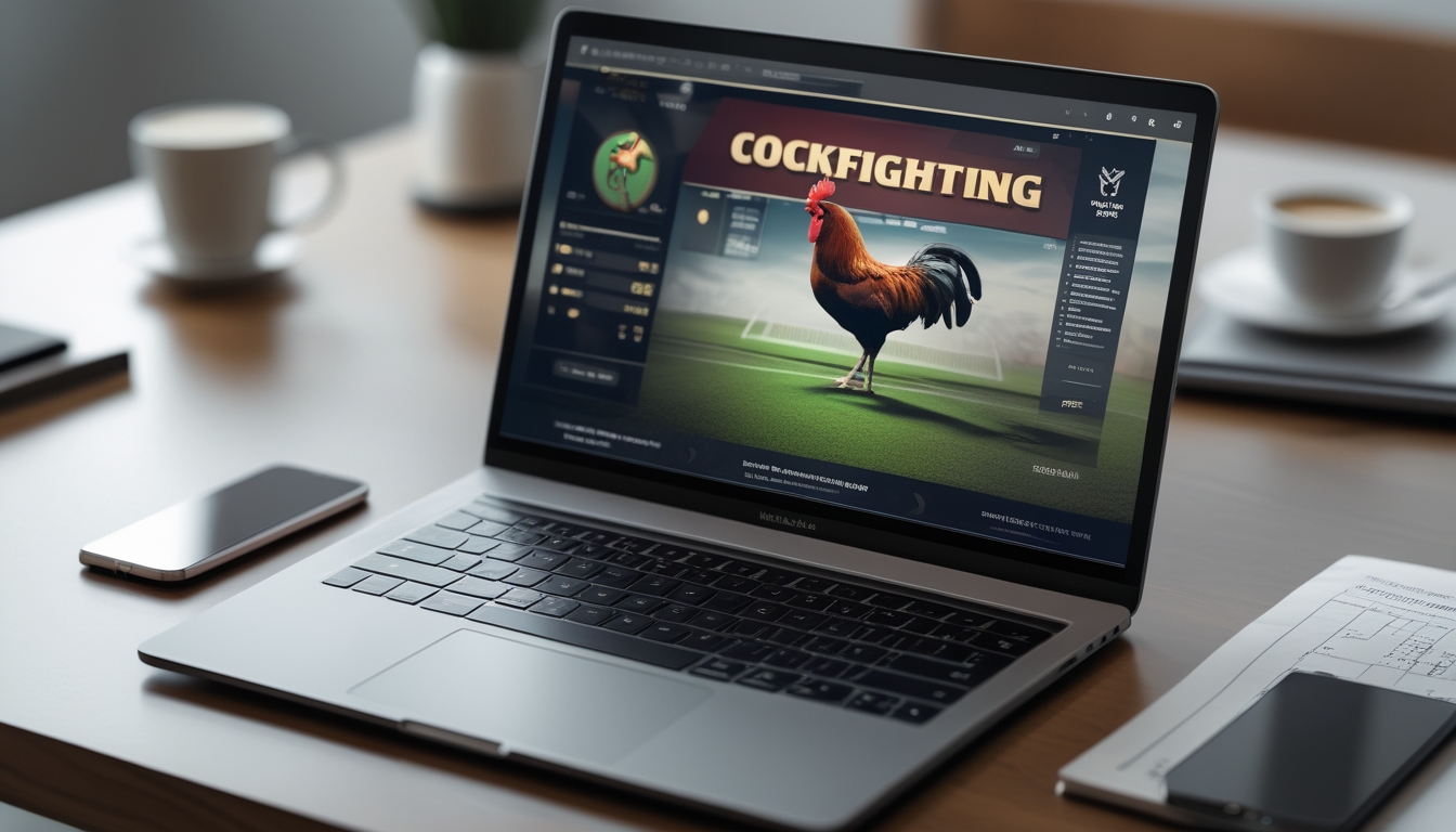 Seorang profesional bekerja di depan laptop dengan tampilan situs platform online sabung ayam, di meja terdapat ponsel, secangkir kopi, dan dokumen.