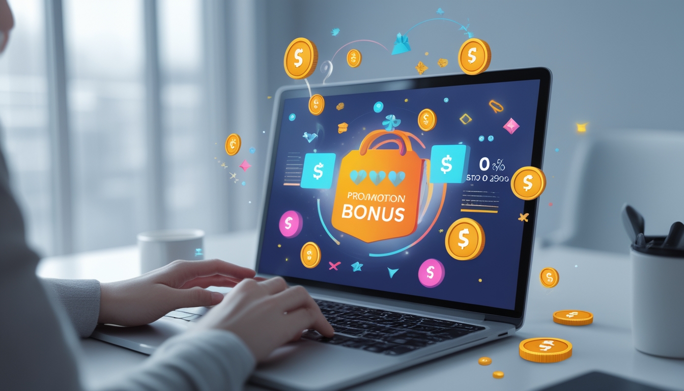 Orang menggunakan laptop dengan tampilan layar yang menunjukkan ikon hadiah dan koin, menggambarkan bonus dan promo menarik.