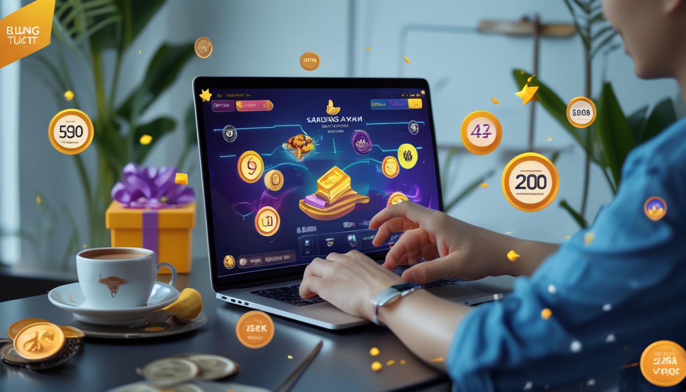 Seseorang menggunakan laptop dengan layar menampilkan ikon bonus dan promo dalam suasana ruangan yang bersih dan nyaman.