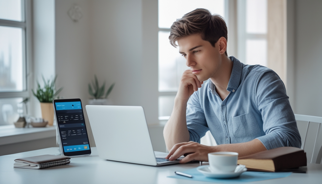 Seorang pria muda duduk di meja dengan laptop dan smartphone, tampak fokus dan sedang merencanakan strategi taruhan online dengan suasana ruangan yang terang dan rapi.