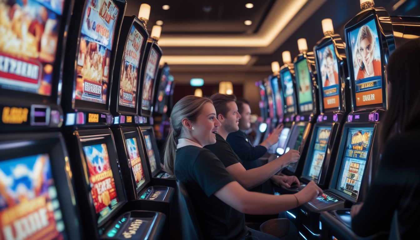 Orang-orang bermain mesin slot bertema film di kasino modern dengan suasana yang hidup dan mesin slot berwarna cerah.