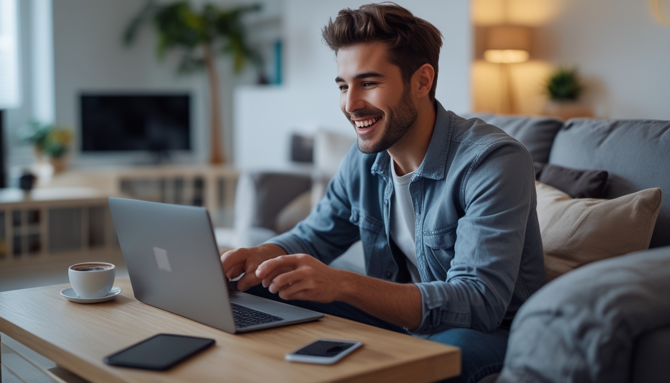 Seorang pria muda duduk di ruang tamu modern sambil bermain permainan slot online di laptop dengan ekspresi fokus dan senang.