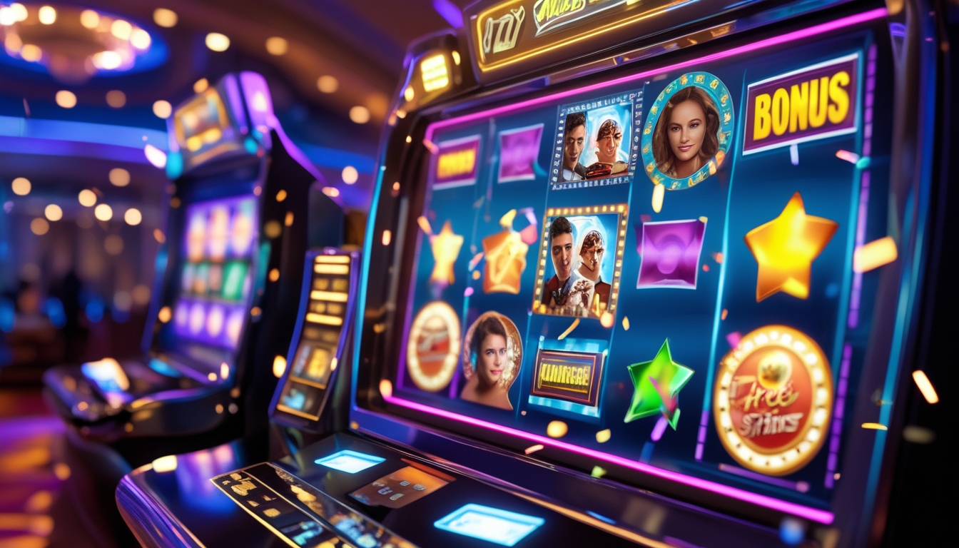 Mesin slot digital dengan tema film populer menampilkan simbol film dan fitur bonus putaran gratis di dalam lingkungan kasino yang cerah dan meriah.