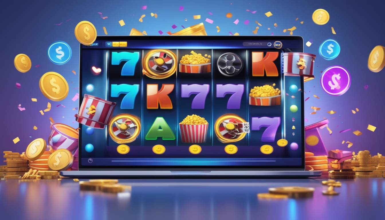 Layar perangkat menampilkan permainan slot online dengan tema film populer, dikelilingi oleh koin jackpot dan ikon putaran gratis.