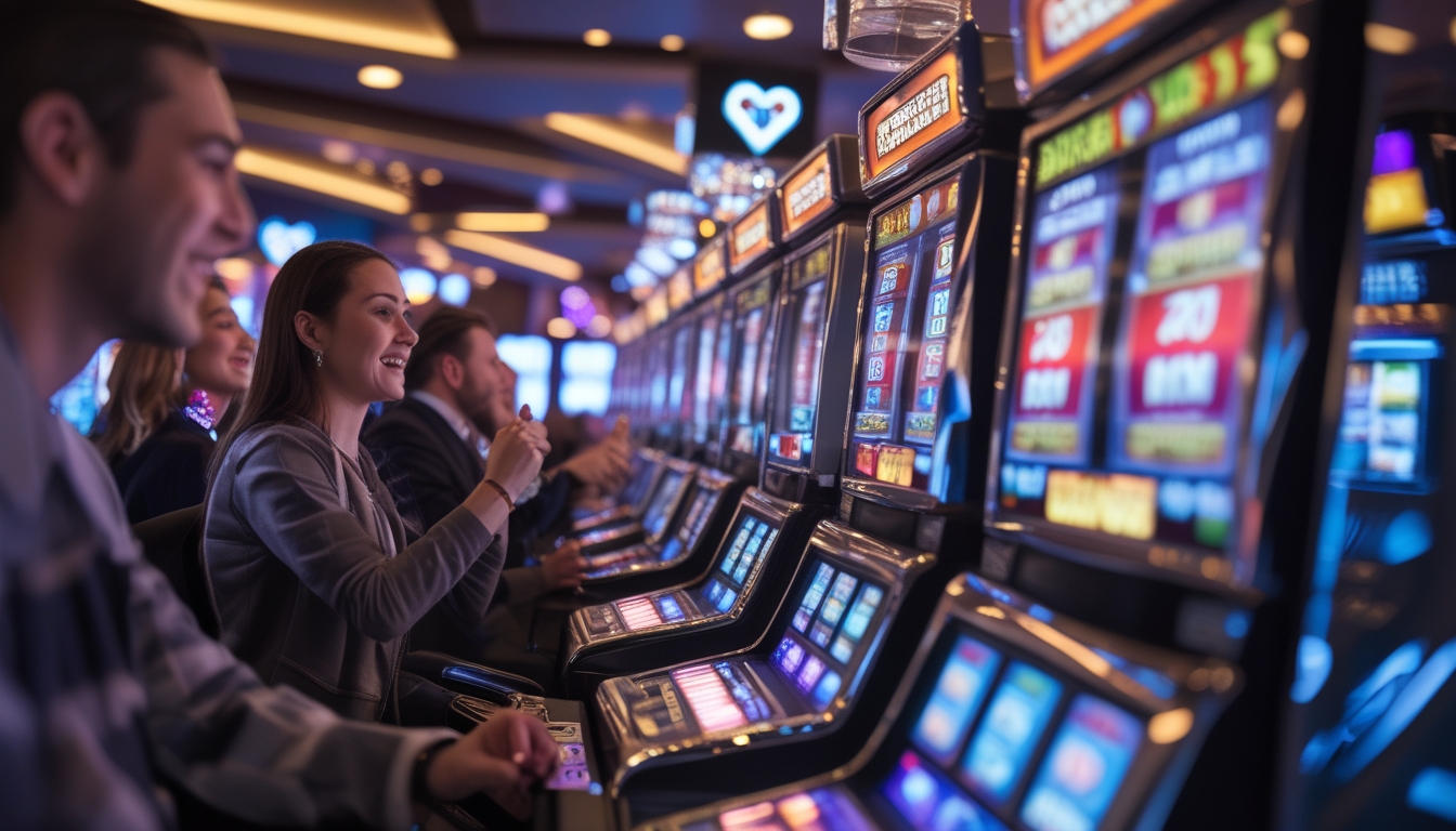 Beberapa mesin slot modern di kasino dengan pemain yang terlihat antusias dan suasana yang cerah dan ramai.