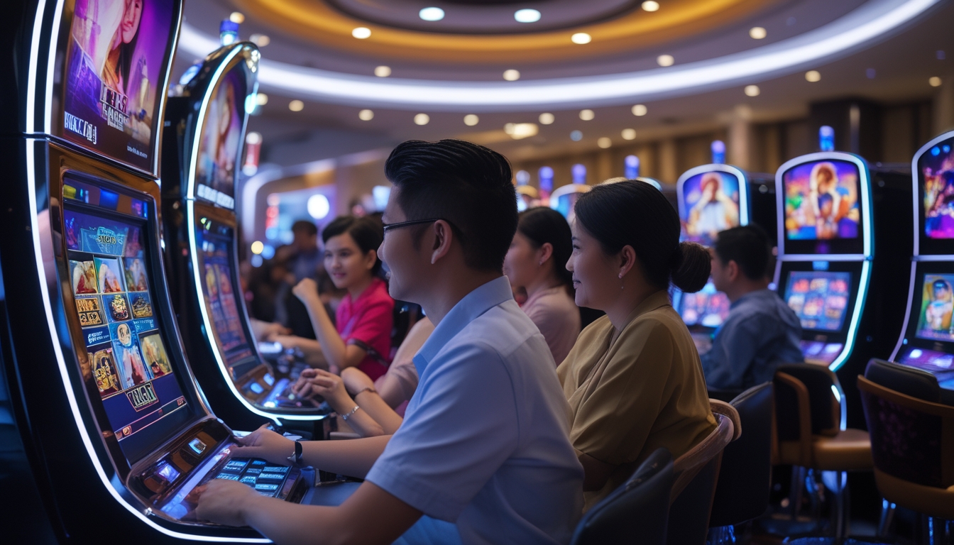 Suasana kasino modern dengan mesin slot bertema film dan beberapa pemain yang sedang menikmati permainan.