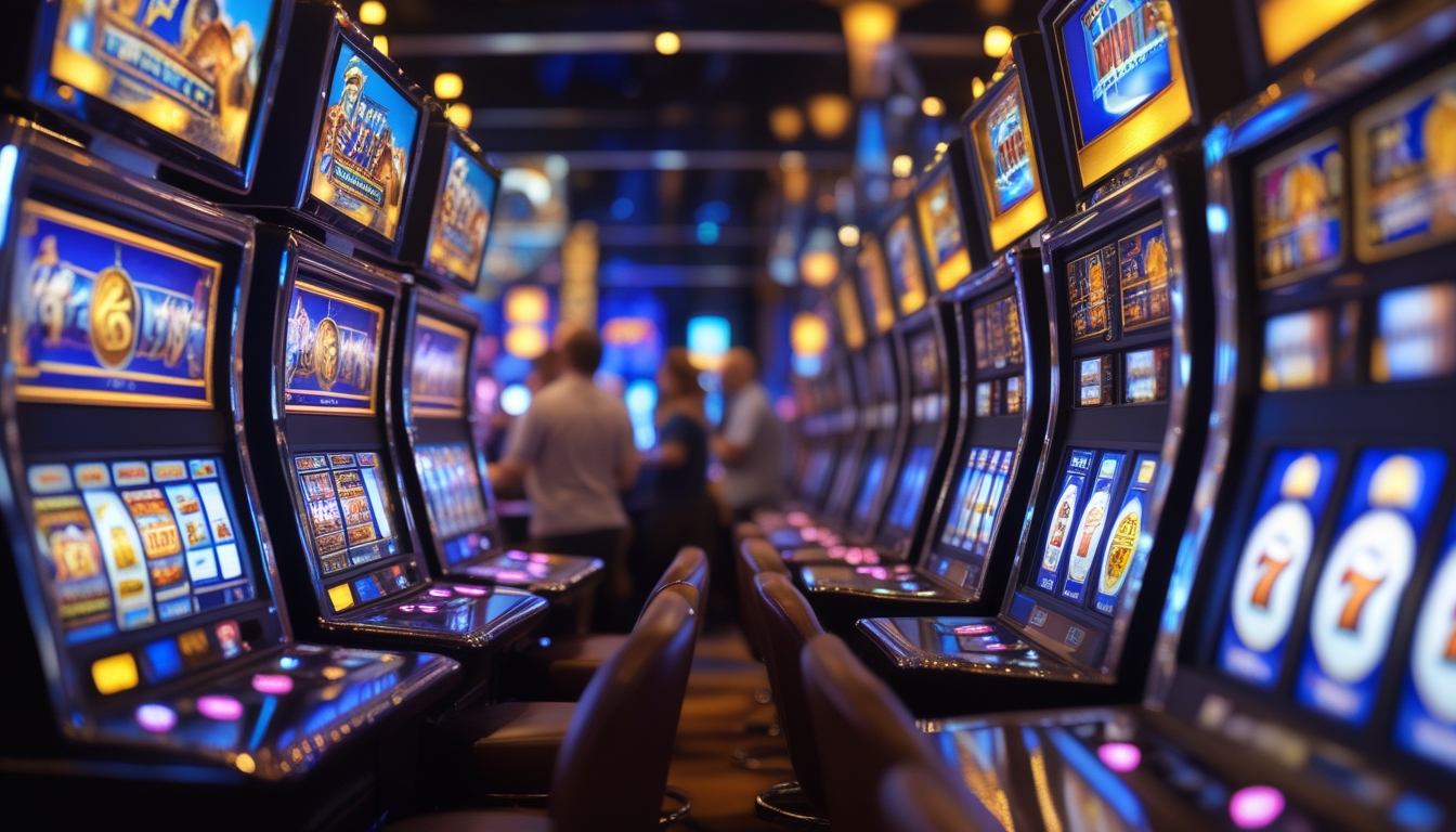 Deretan mesin slot berwarna-warni dengan layar menyala di dalam kasino yang ramai pada malam hari.